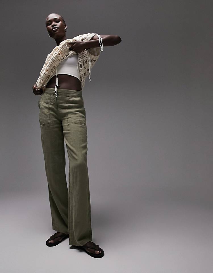 Topshop Tall low rise linen cargo straight leg pants in khaki